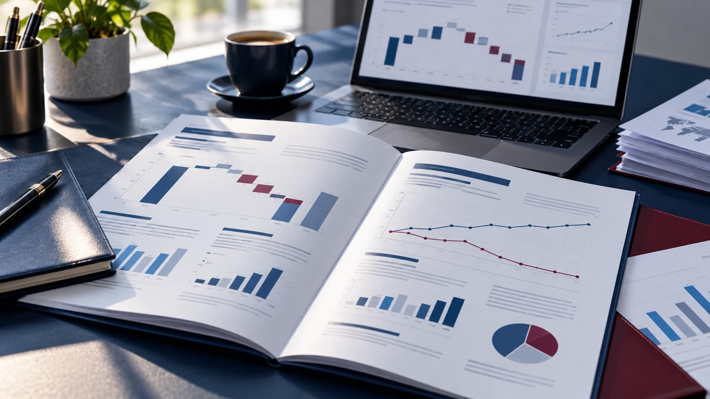 Ordinateur affichant des graphiques financiers et rapport ouvert sur un bureau — étude de cas DARSEN