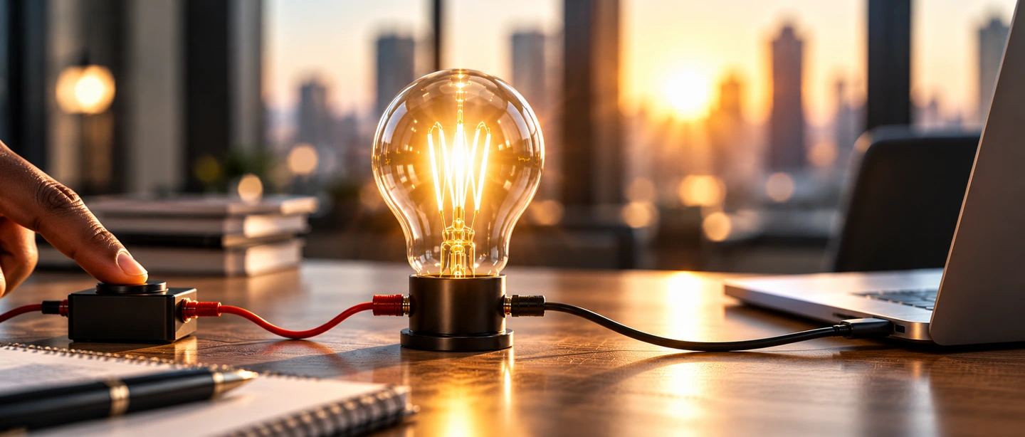 Ampoule éclairée sur un bureau