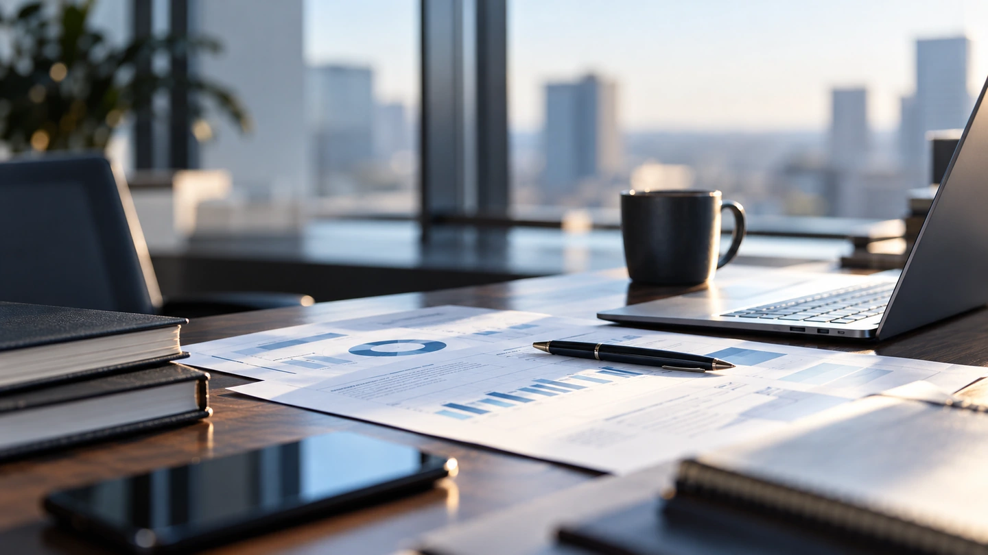 Bureau professionnel avec rapports financiers, ordinateur et vue sur la ville
